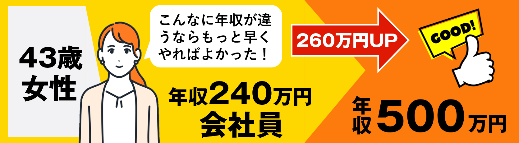 43歳女性会社員の年収は240万円でしたが、年収500万円に変わった！260万円UP！